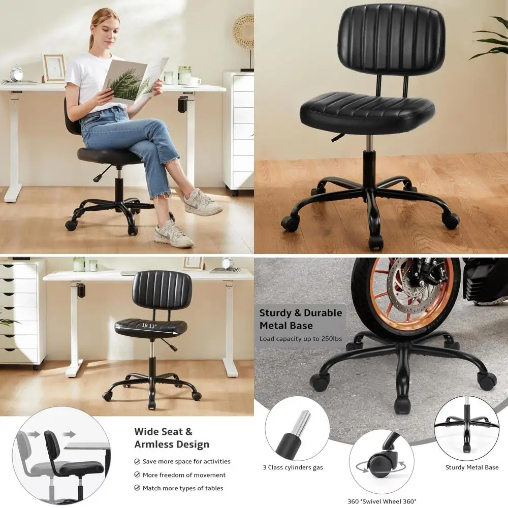 

Black PU Leather Low Back Office Chair with Lumbar Support, 360° Swivel, Adjustable Height for Small Spaces