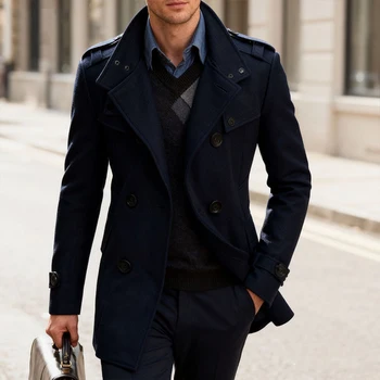 Men's Double-Breasted Woolen Overcoat 6 Men's Double-breasted Woolen Overcoat Fashion Solid Color Mid-length Jacket Luxury Light Business Stand Collar Trench Coat M-3XL 6