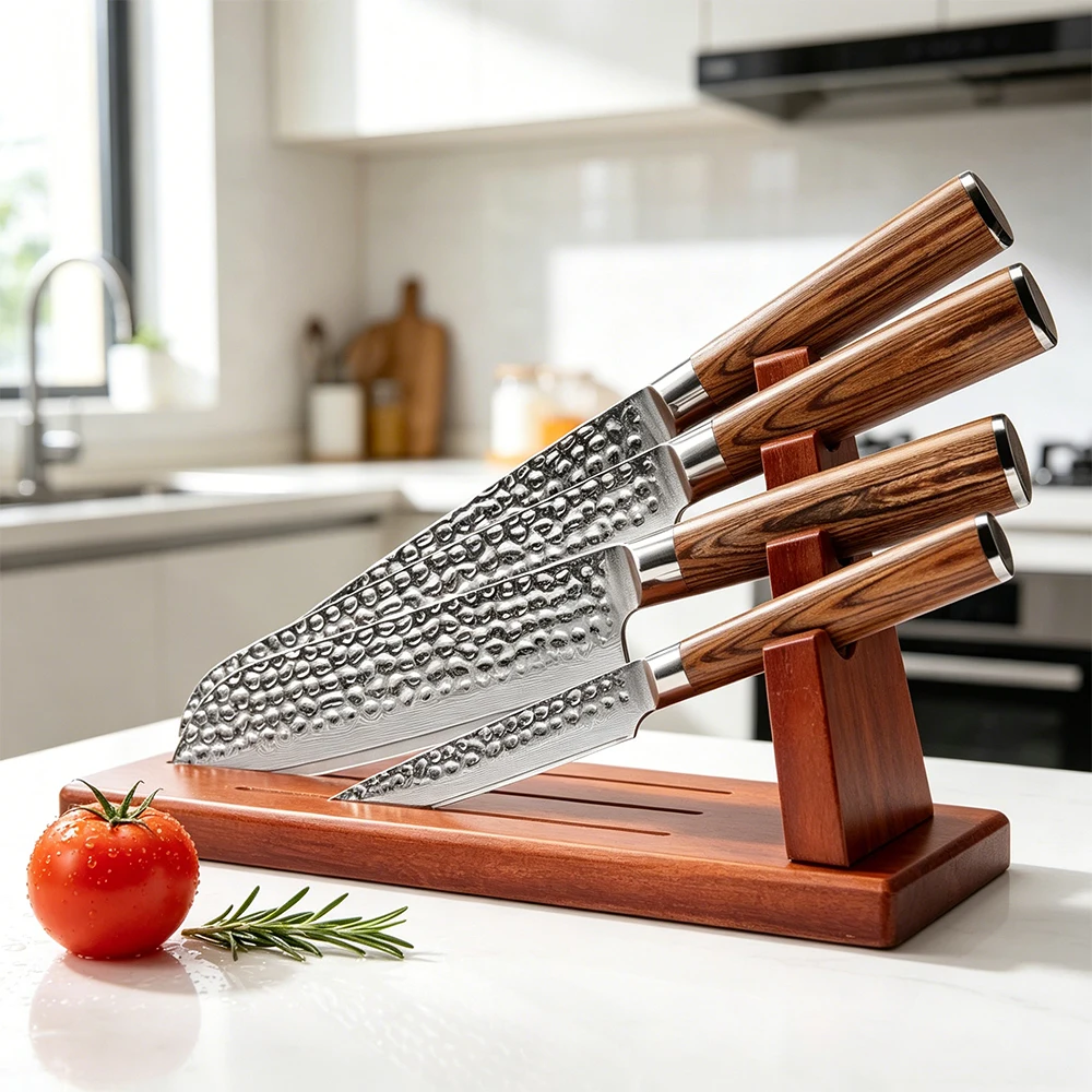 XITUO 5 Piece Damascus Steel Kitchen Knife Set with Block 67 Layers Japanese VG10 Core Chef Knife Set with  Wood  Knife Stand