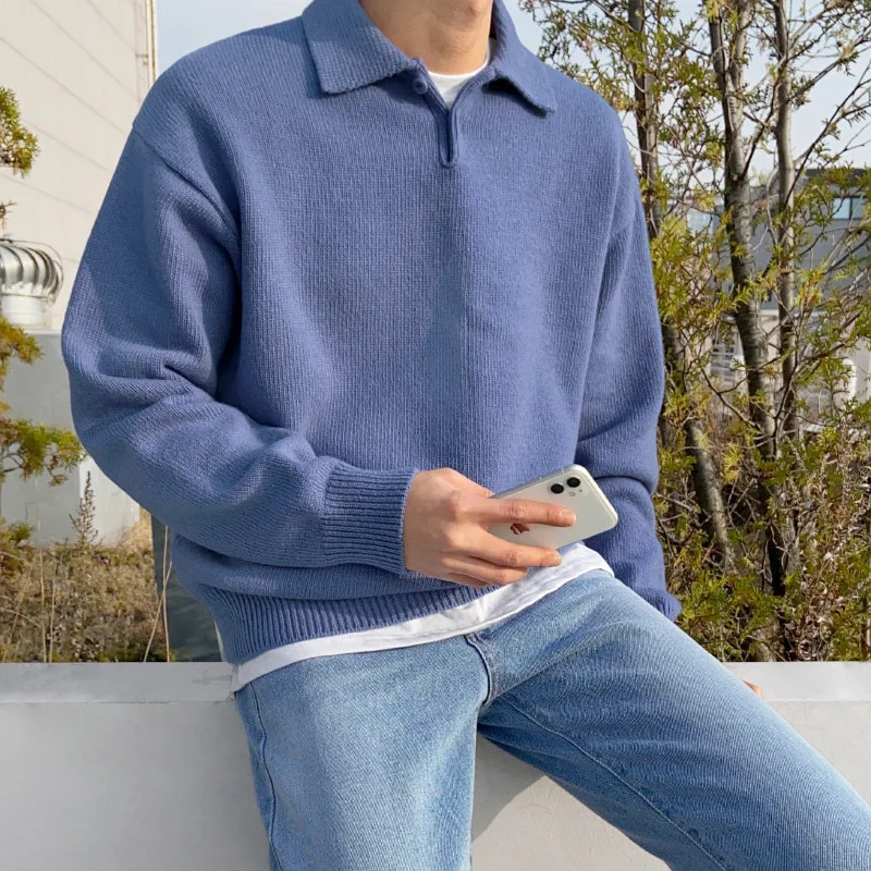 New Style Men\'s Sweater for Autumn and Winter, Korean Style Trendy Turn-down Collar, Loose and Lazy Polo Collar Knitted Shirt