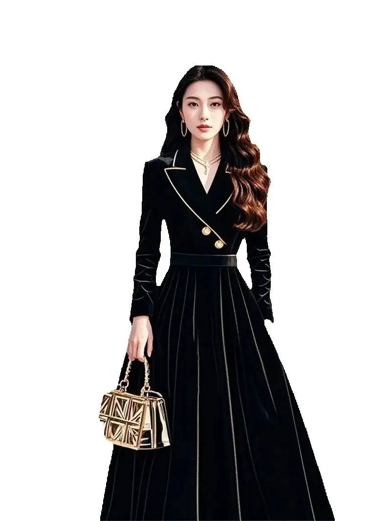 4XL Hepburn Style High-End Black Velvet Dress For Women 2025 Autumn New Formal Occasions Waist Cinching Suit Style Long Dress AU