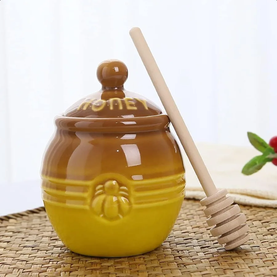 

Ceramic Honey Pot with Dipper Brown Honey Jar with Stand Great Bee Decor Farmhouse Kitchen Decor