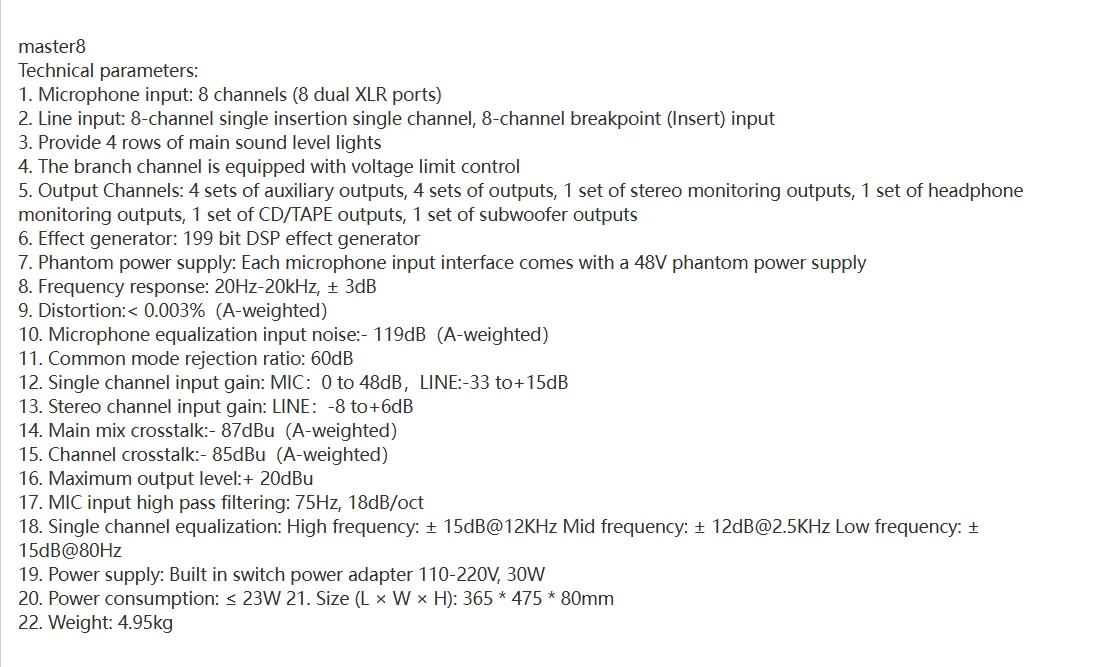 Professioneller 8-Kanal-Bluetooth-Mixer, 199-Bit-DSP, 4-Band-EQ, MP3, 48 V, USB mit Soundkarte, Aufnahme