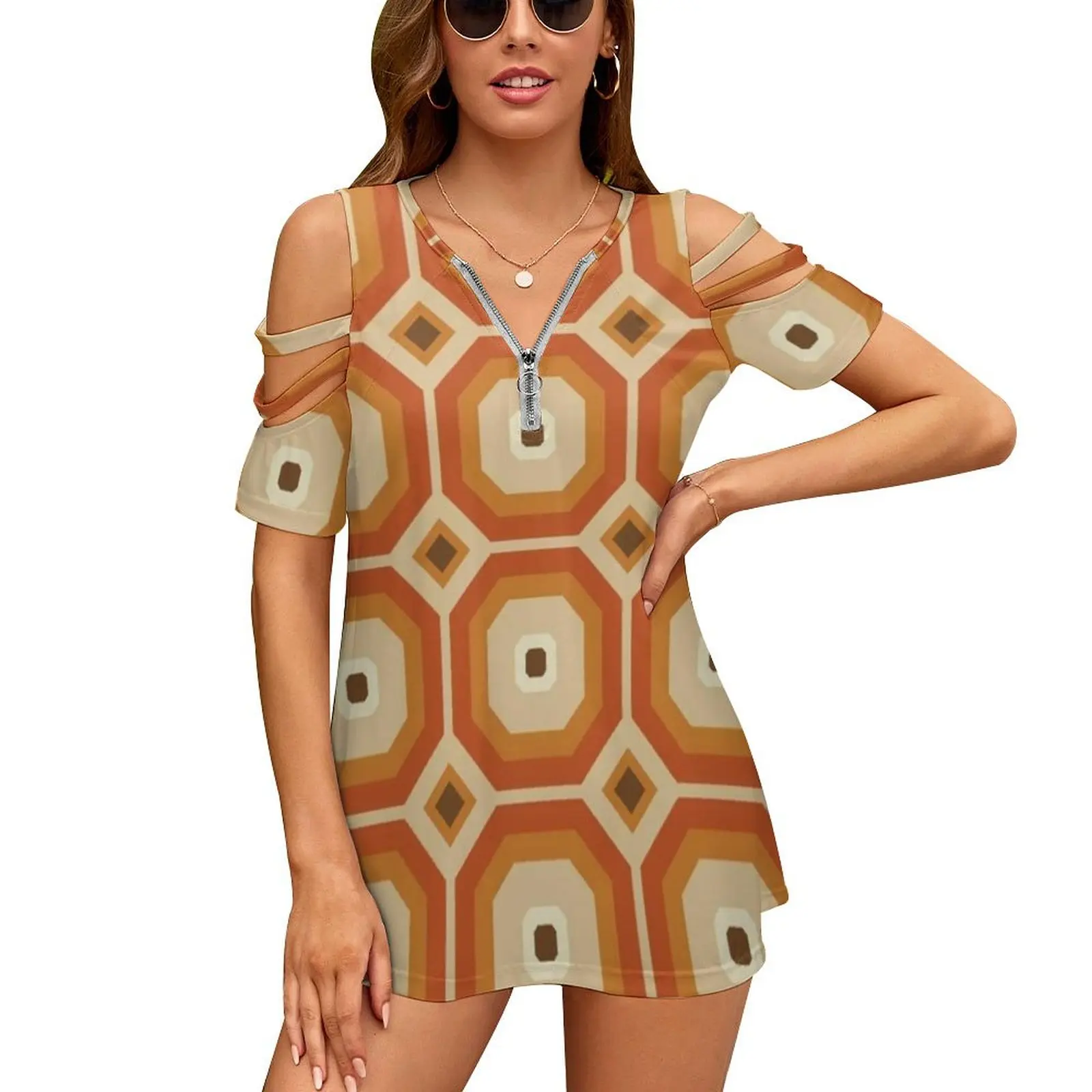 Brown , Orange And Ivory Geometric Retro Octagon Pattern Women'S T-Shirt New Fashion Printed Zipper V-Neck Short Sleeve T