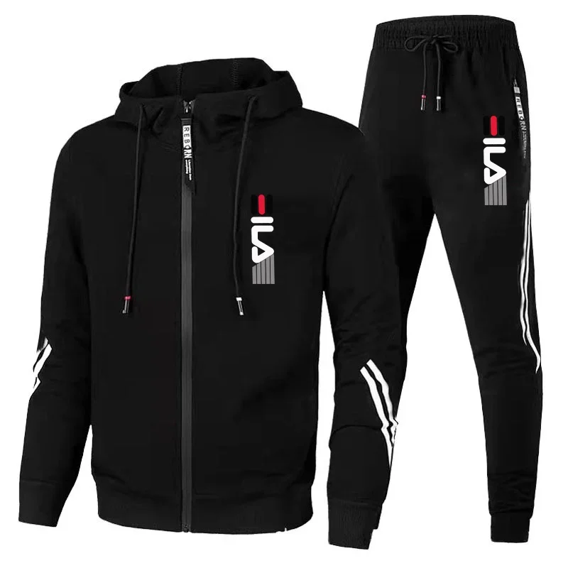 Spring Autumn Men Sport Hoodies Tracksuit Fashion Zipper Jackets and Sweatpants Casual Outdoor Male Fleece Printed Sweater Suits