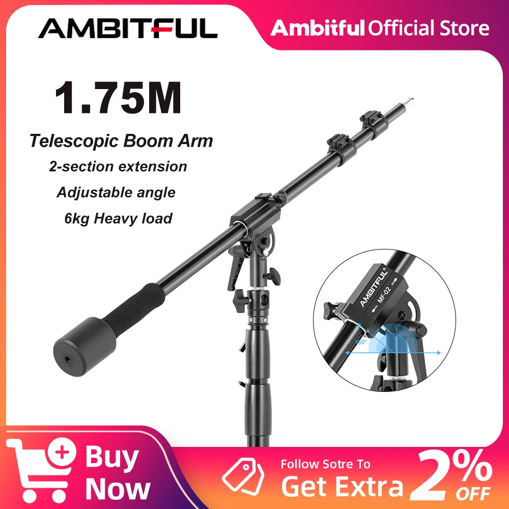 AMBITFUL  175cm Telescopic Boom Arm MF-02 With GM220 220cm Adjustable Tripod  For Studio Flash Strobe LED Light Gimbal Softbox