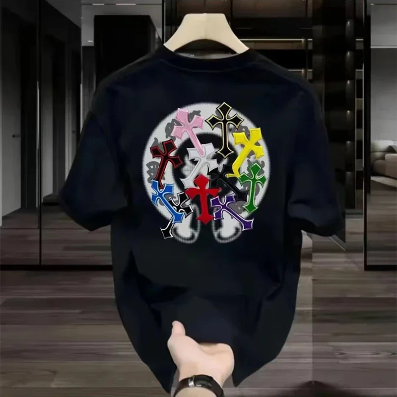 2026 Summer New Men's T-shirt Pure Cotton Digital Print with Colorful Crosses Graphic Unisex Breathable Harajuku Y2k Streetwear