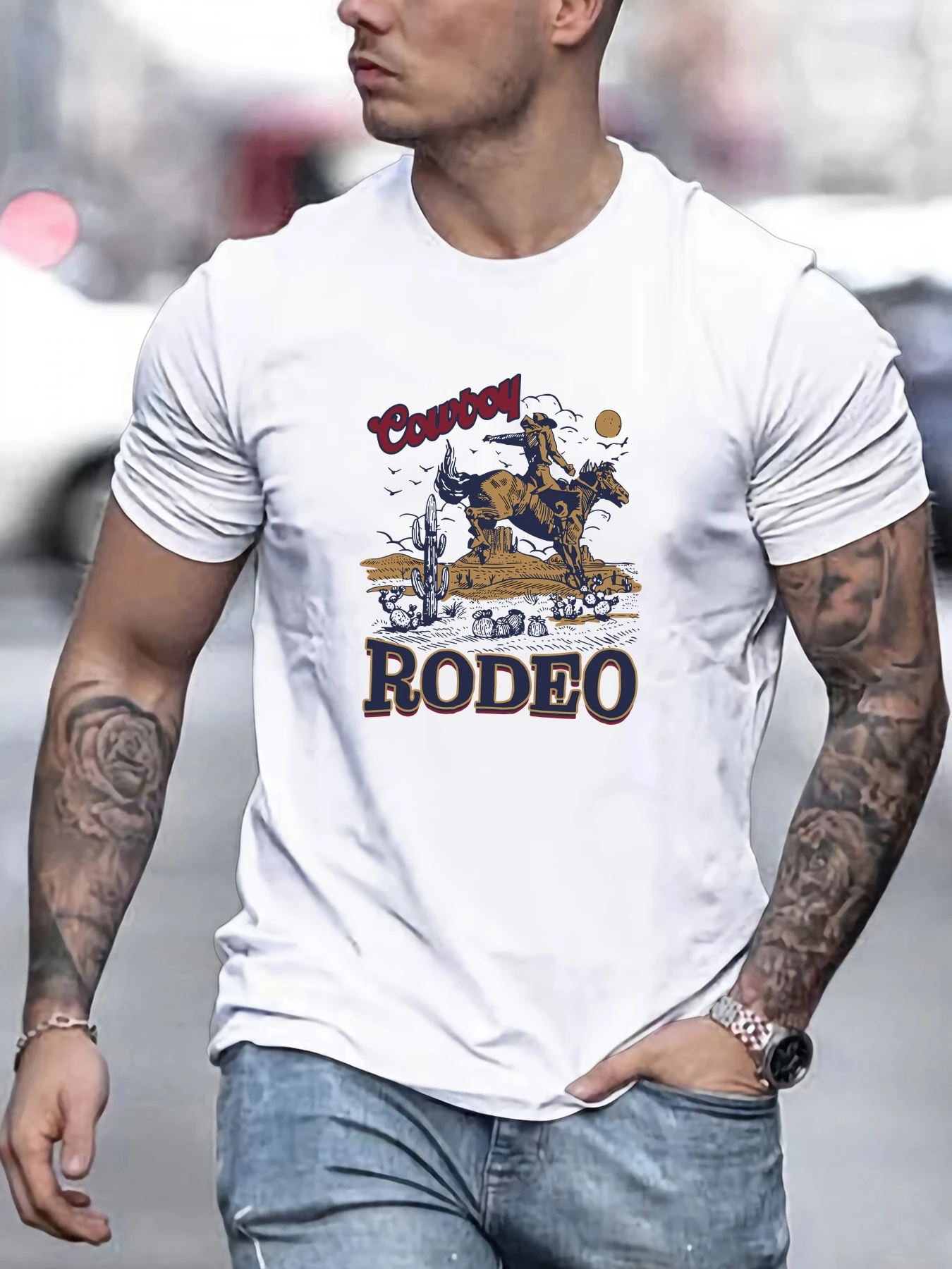 

Men's Pure Cotton T-Shirt Short Sleeve Crew Neck with Cowboy Rodeo Print Cool Vintage Lightweight Comfortable Summer Tee