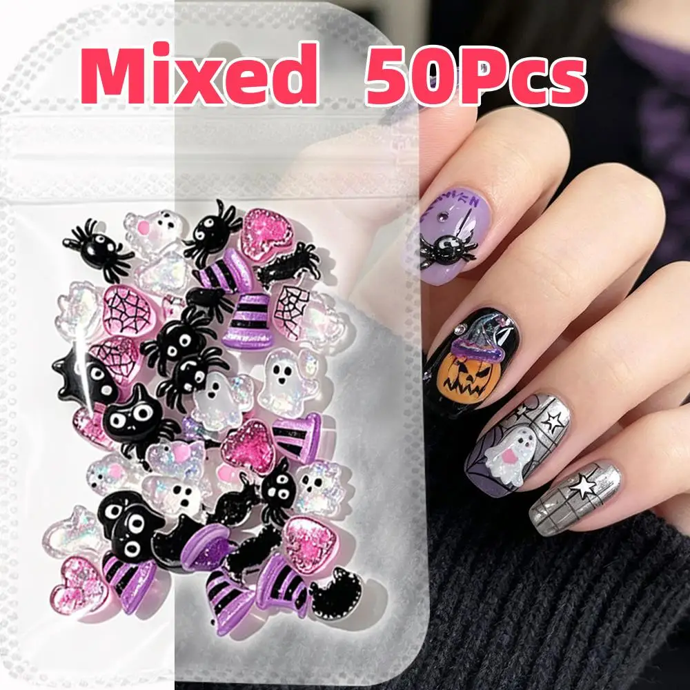 50Pcs Mixed Ghost Spider Cat Head Magic Hat Nail Charms Spider-Web Heart Halloween Nails Art Decorations Halloween Manicure Part