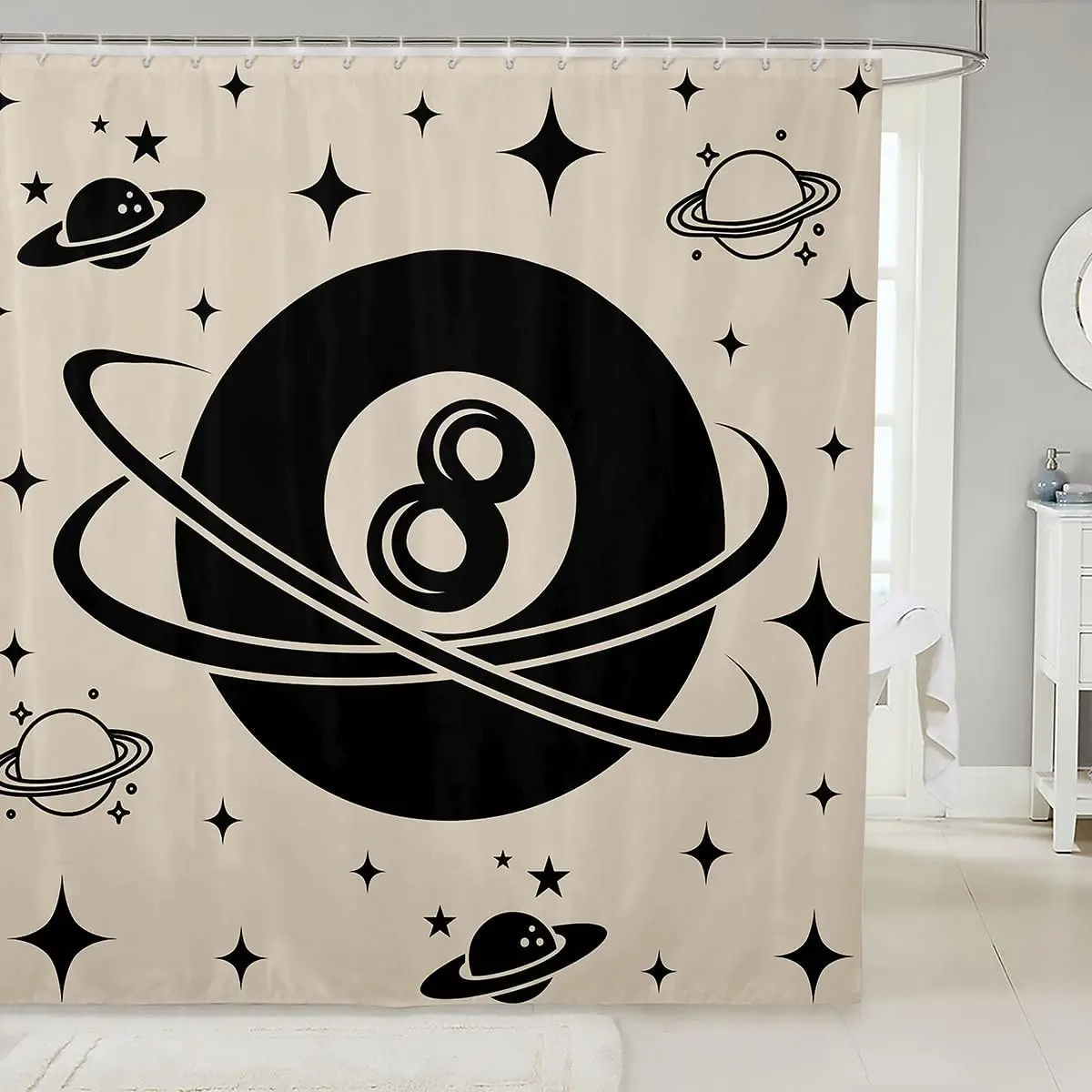 Lucky 8 Ball Shower Curtain Vintage Y2K Fabric Shower Curtain,180x180cm,Retro Planet Stars Bathroom