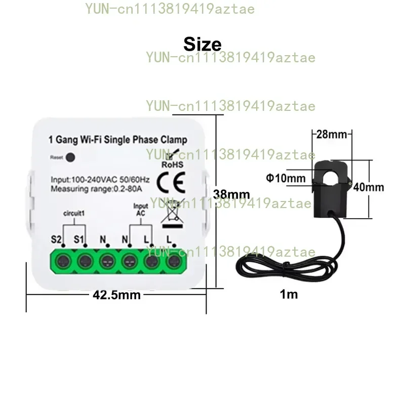 Tuya Single Phase WiFi Energy Monitor 80A Smart Power Clamp Meter App Real Time Power Consumption Meter Smart Switch Module