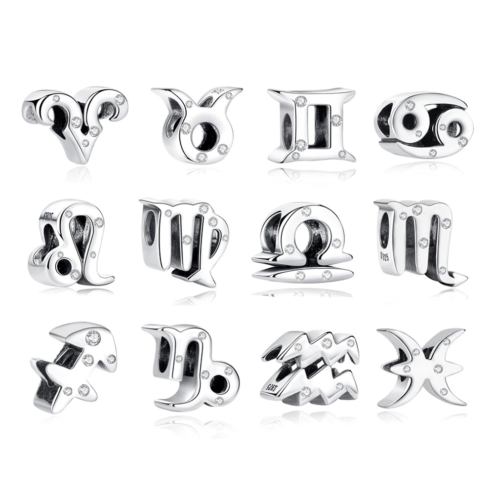 Original 925 Sterling Silver Bead Charm Libra Leo Star Sign Charms 12 Zodiac Constellation Fit Pan Brand Bracelets Women Jewelry