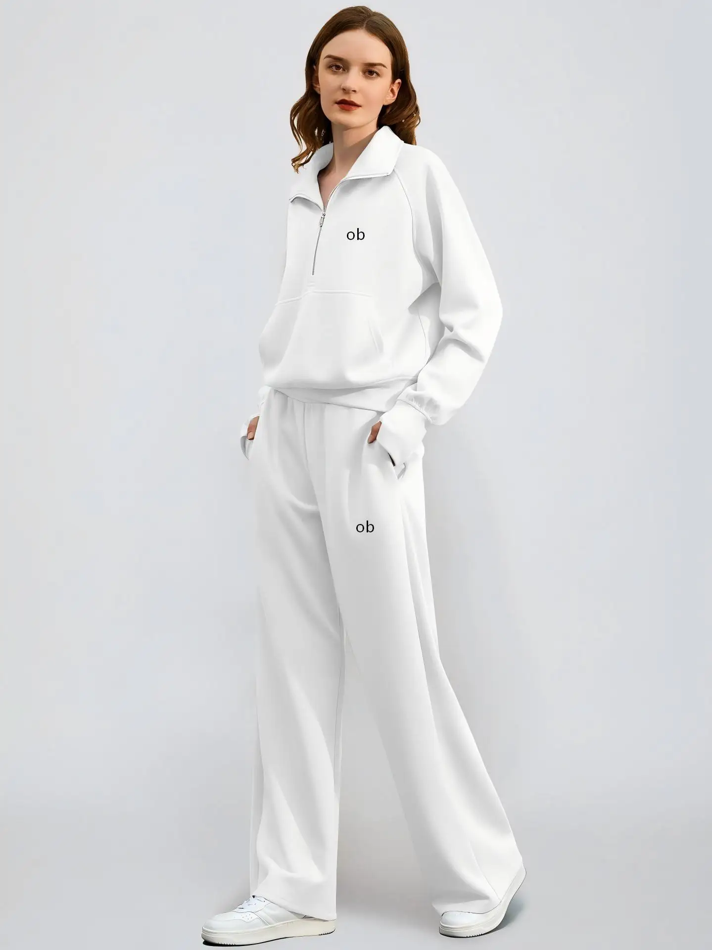2026 New Style Fashion Women's Retro Two-Piece Set with Extra Large Half-Zip Sweatshirt and Wide Leg Sweatpants for Casual Wear view 2