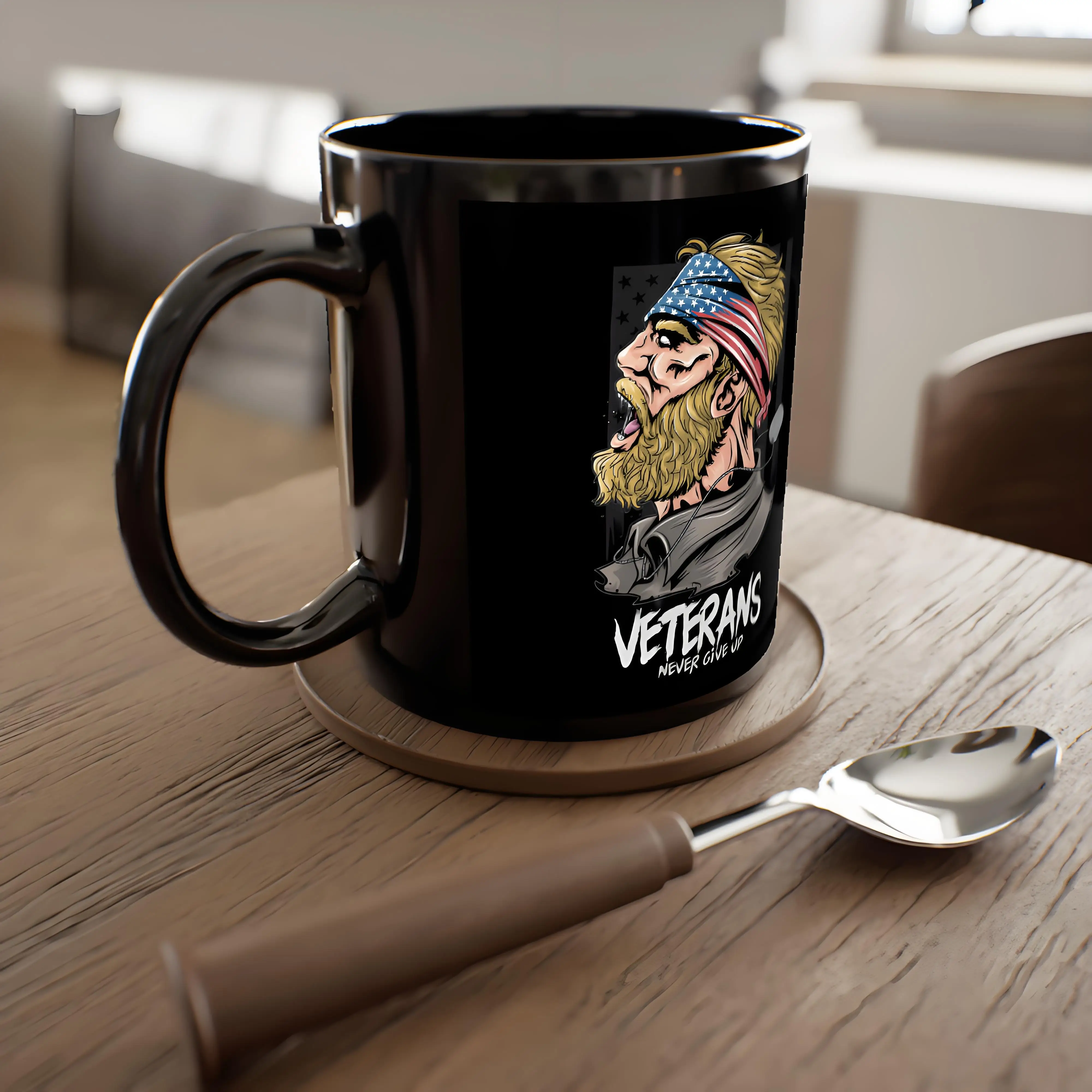 

Black coffee mug, military-themed print, kitchen ceramic drinkware, suitable for Veterans Day gifts, 11 ounces, reusable.