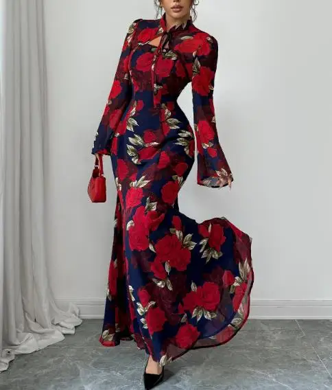 

Women's Elegant Printed Dress Long Sleeved Autumn Winter Fashion 2025 Style Casual Maxi Dress