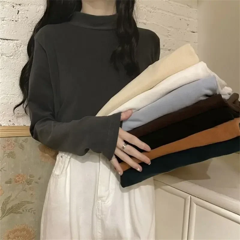 New Double-sided German Velvet Bottoming Shirt Women's Autumn and Winter Semi-high Collar Long-sleeved T-shirt Warm Top