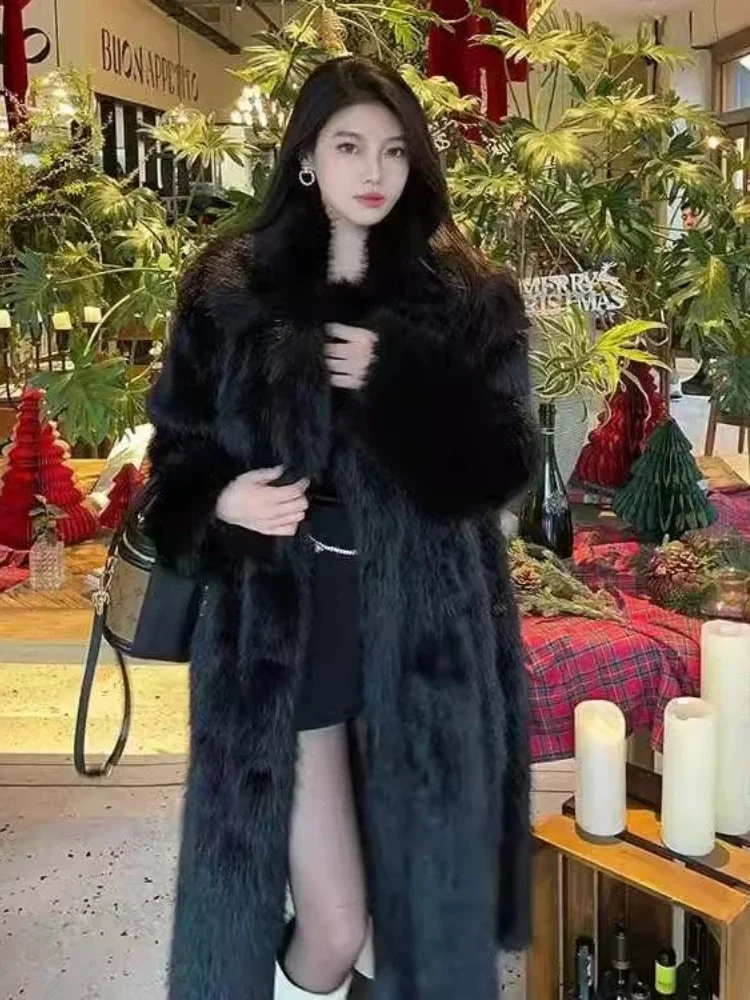 Fashion Long Fur Coat Women's New Elegant High-end Sense Faux Fox Fur Black Thickened Environmentally Friendly Warm Mao Mao Coat