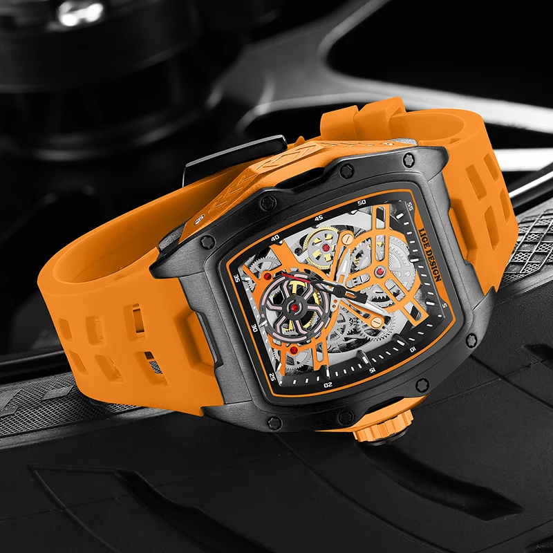 LIGE Square Casual Sports Fashion Luxury Mechanical Man Watch Hollow Gear Waterproof Luminous Business Automatic Watches for Men