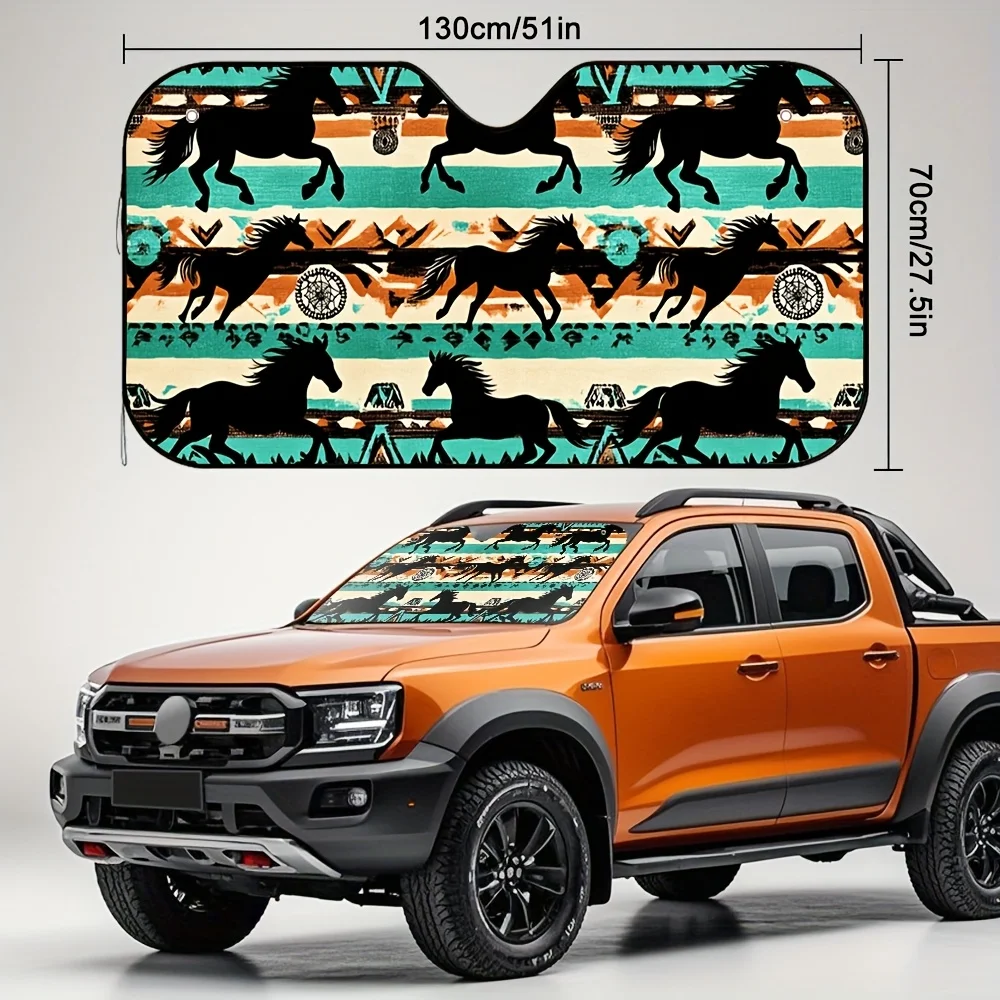 1pc Galloping Horses Harmony Car Sun Visor - Fit, Sun-Blocking Windshield Cover With Vibrant Teal & Orange Design, Improves Driv
