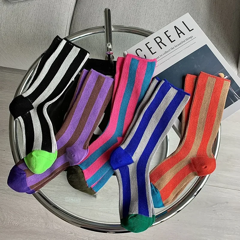 2024 new line color matching stripes in tube socks double needle double way design men's and women's cotton socks sports socks