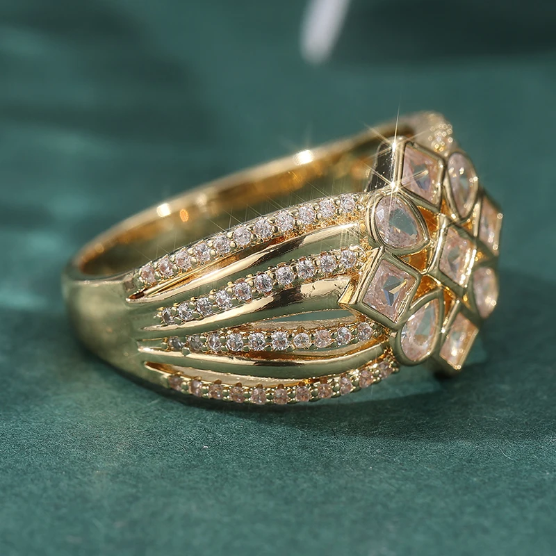 Eleganter Eingelegter Weißer CZ Damenring Vintage Goldfarben Geometrisch Tägliches Tragen Party-Schmuck Jubiläumsgeschenk – Detail 4