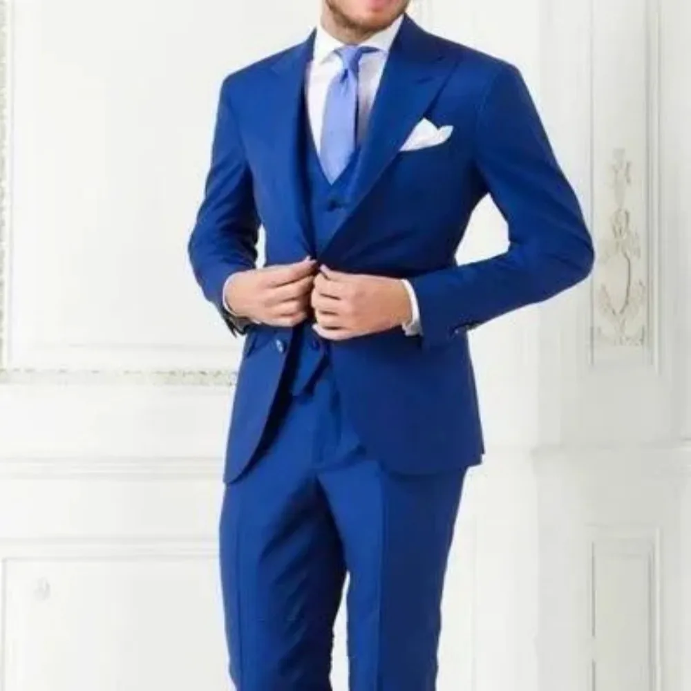 

New Arrivals Two Buttons Royal Blue Groom Tuxedos Peak Lapel Groomsmen Best Man Suits Mens Wedding Suits (Jacket+Pants+Vest+Tie)