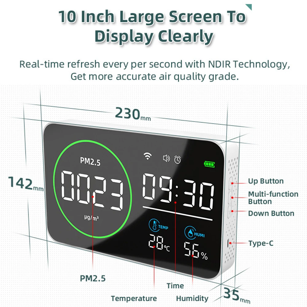 4 in 1 WIFI Smart Air Quality Detector PM2.5 Monitor Indoor Digital Temperature Humidity Tester 10 Inch LED Screen Alarm Clock