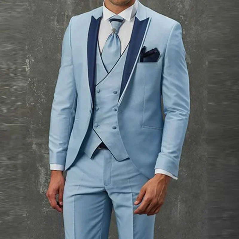 Небесно-голубые элегантные мужские костюмы, повседневные приталенные блейзеры, мужской высококачественный индивидуальный Комплект из трех предметов, куртка, брюки, жилет, костюм для мужчин
