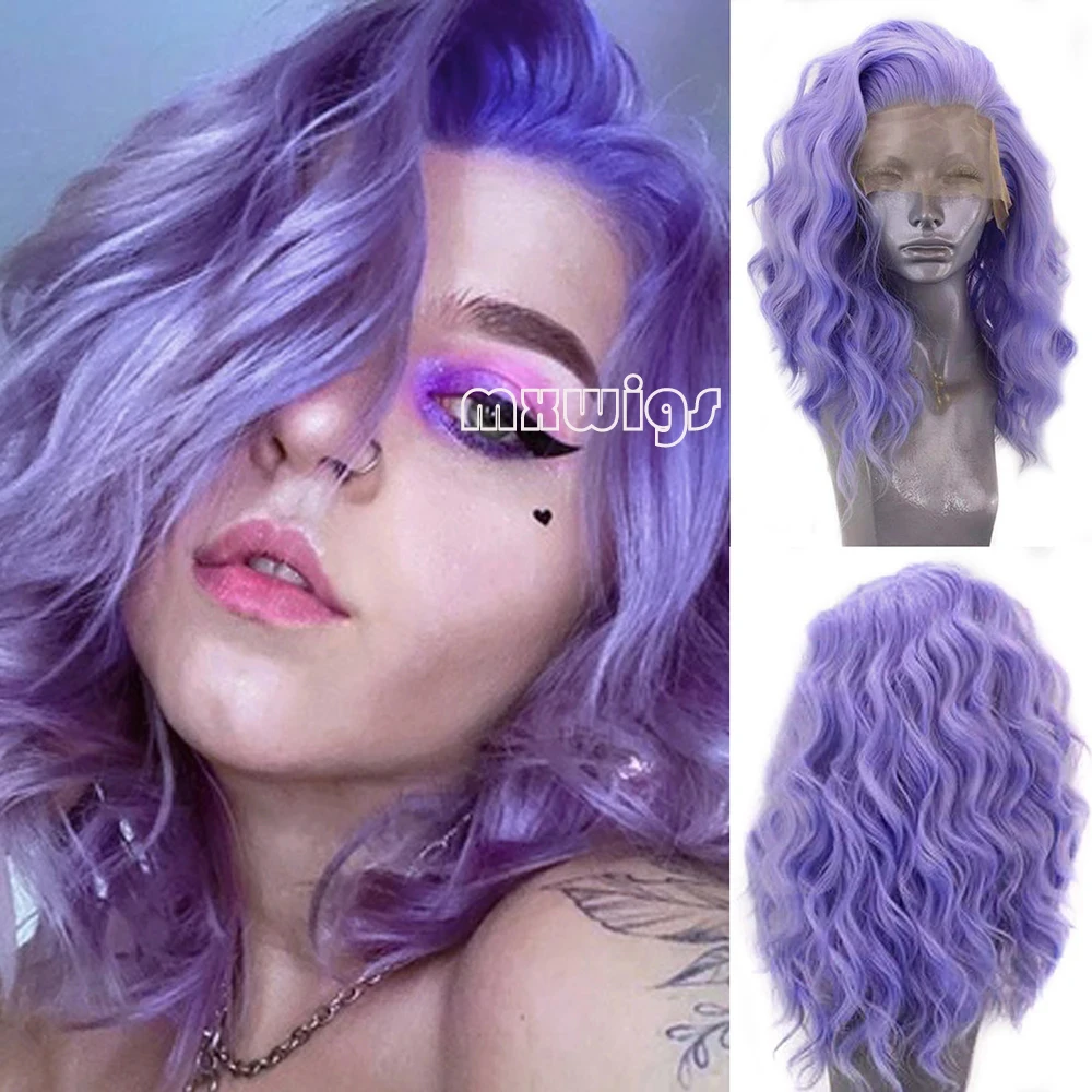 

MXWIG Synthetic Hair Short Purple Deep Wave 13X4 Lace Front Wigs for Women Fiber Lace Front Wig Pre Plucked