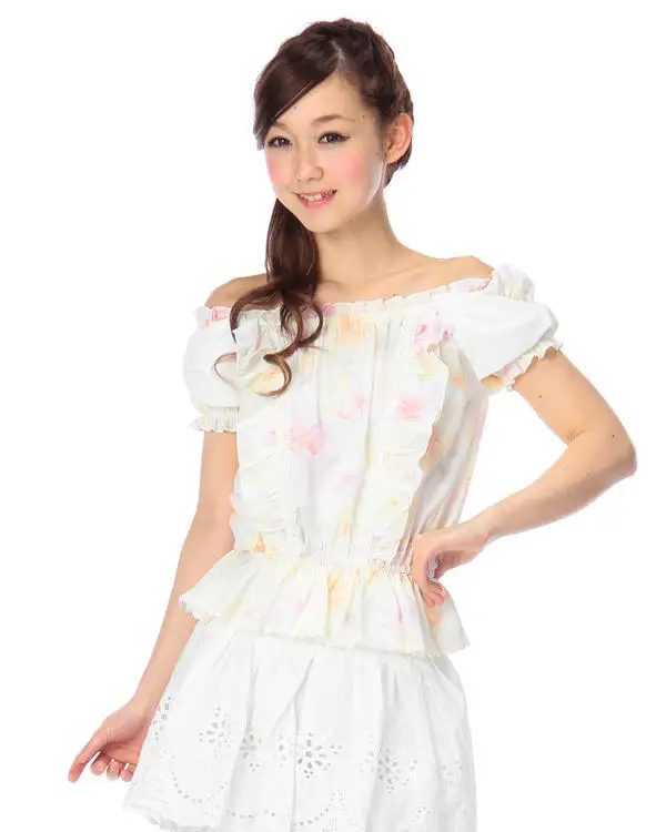 Japan Liz Lisa Floral Printed Lace Boat Neck Bow Shoulder Shirt