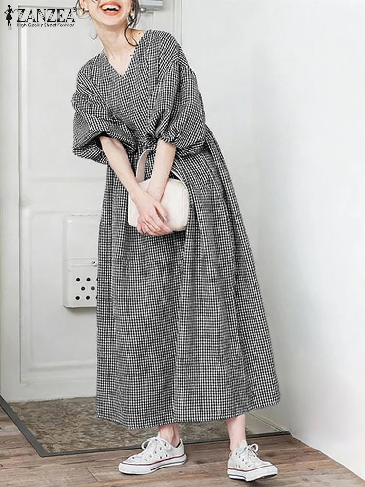 2025 ZANZEA elegante vestido de manga acampanada verano Maxi Vestidos a cuadros mujeres bata elegante cuello en V manga 3/4 vestido veraniego de trabajo Vestidos