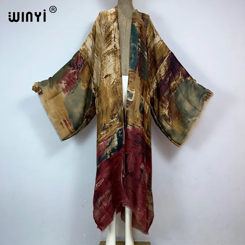 

WINYI kimono new Oil print Bikini Cover-up Elegant beach outfits for women sexy cotton feeling vestidos para mujer dress kaftan