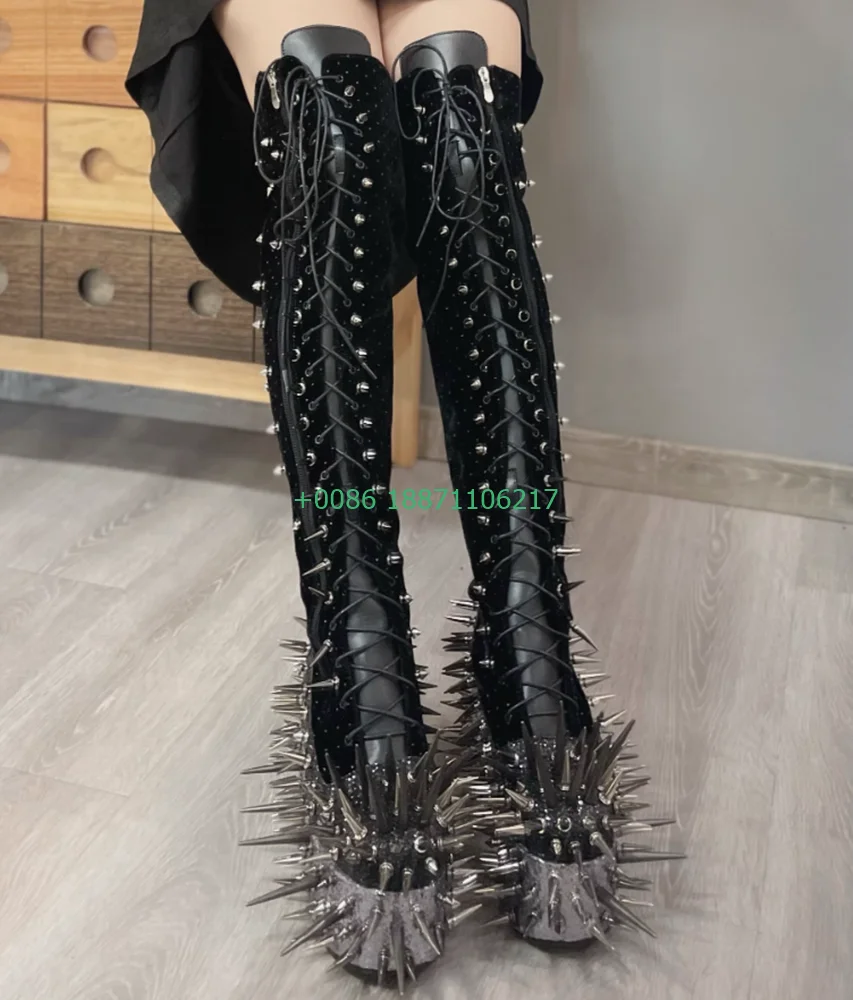 Punk Spiked Rivet Knight Boots 2024 New Street Rock Thick Sole Round Over Knee Thick Heel Boots Fashion Ladies Motorcycle Boots