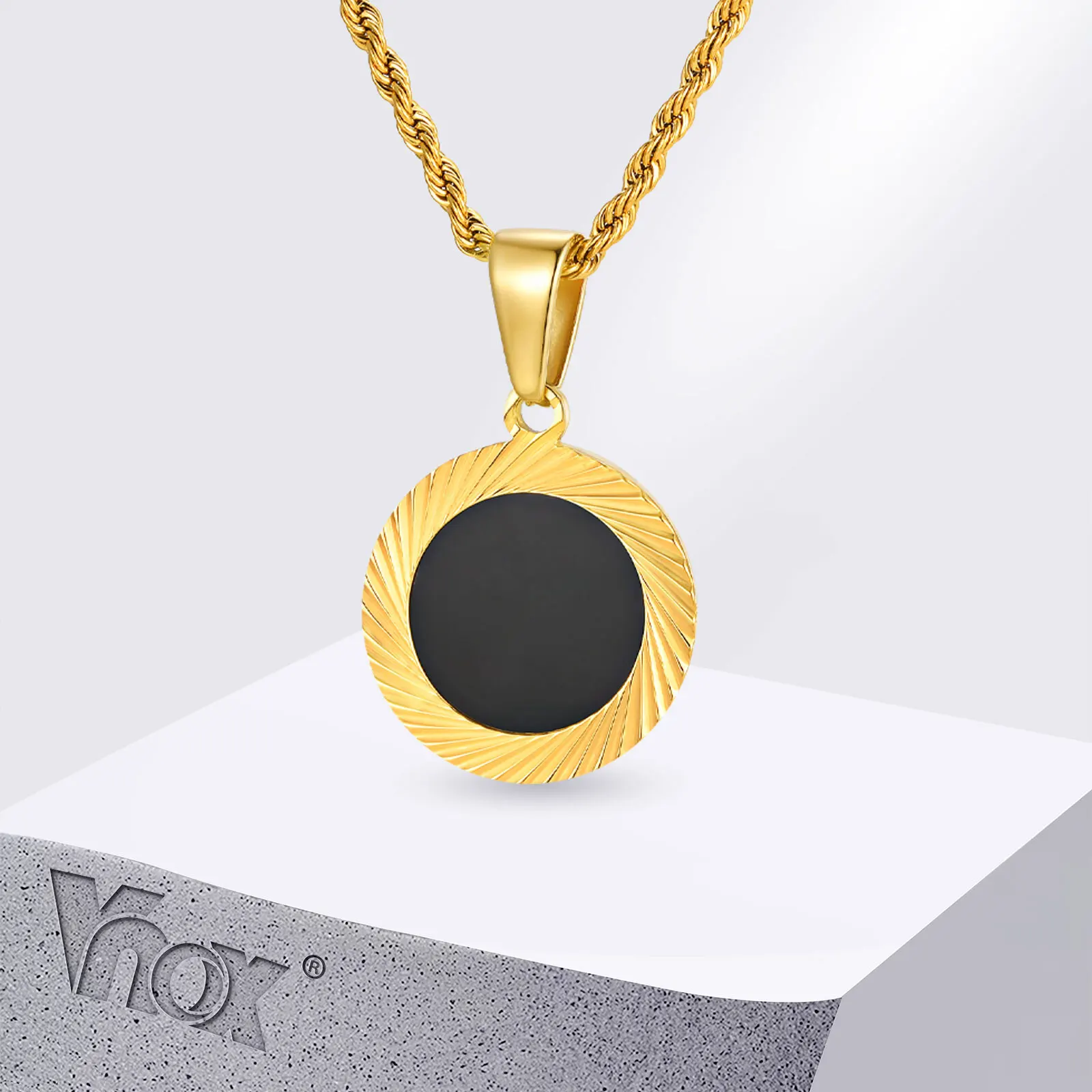 

Vnox Round Black Acrylic Pendant Necklace for Men Women, Gold Color Stainless Steel Twisted Chain Necklaces, Father Jewelry Gift