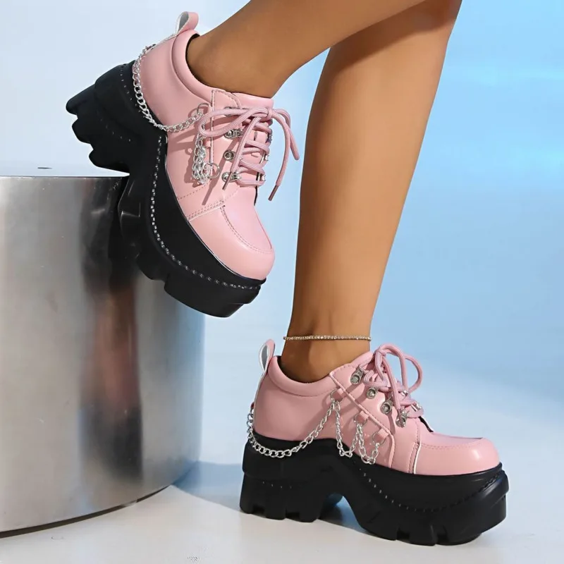 

​​Women's Chunky Platform Sneakers with Silvery Chain Details, Edgy Street Style Lace-up Fashion Footwear for Everyday Wear​​