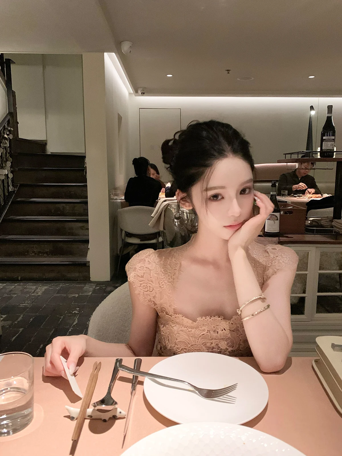 

Hotdog Spicy【Pink Lychee Gloss】Lace Splice Waist Cinching Me Little Flng Sve Dr Casual Daily Wear Neutral Sle