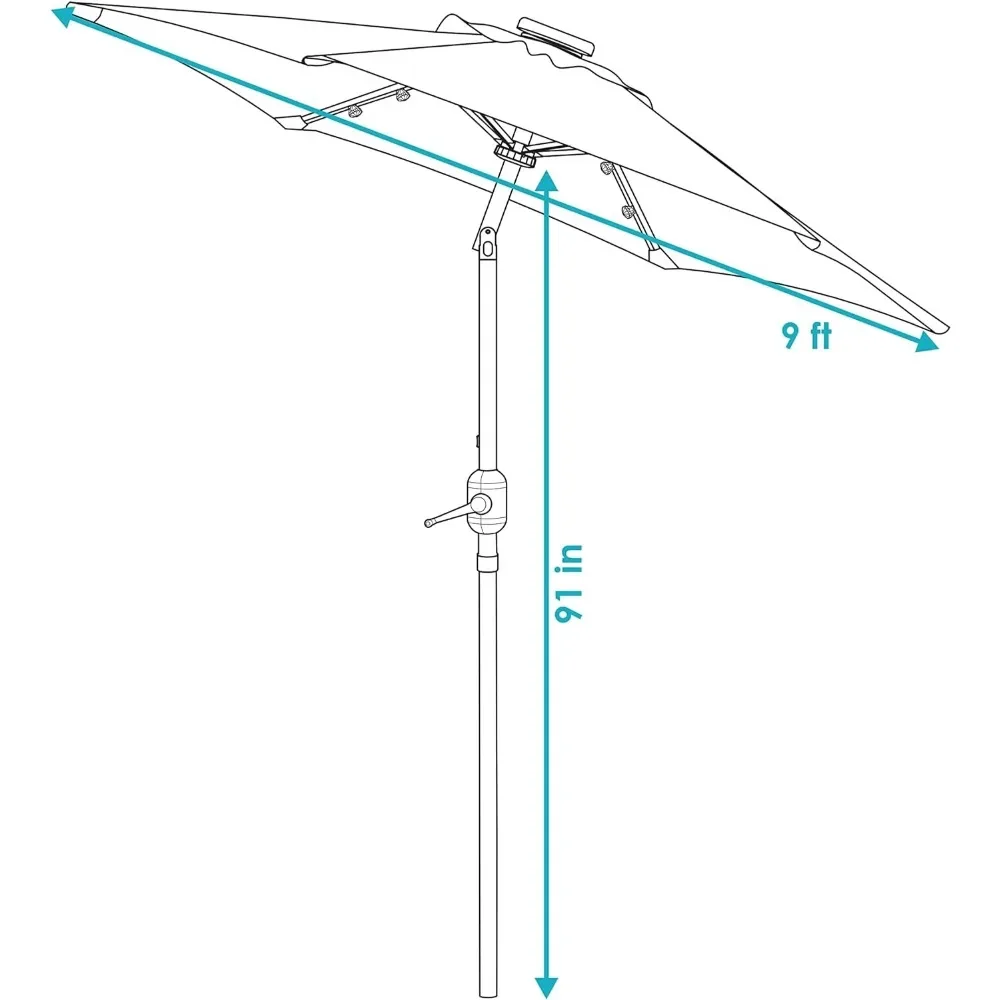 Sunnydaze. cFurniture-Parapluie d'extérieur de 9 pieds, avec lumières solaires, inclinaison/manivelle, LED, auvent à rayures