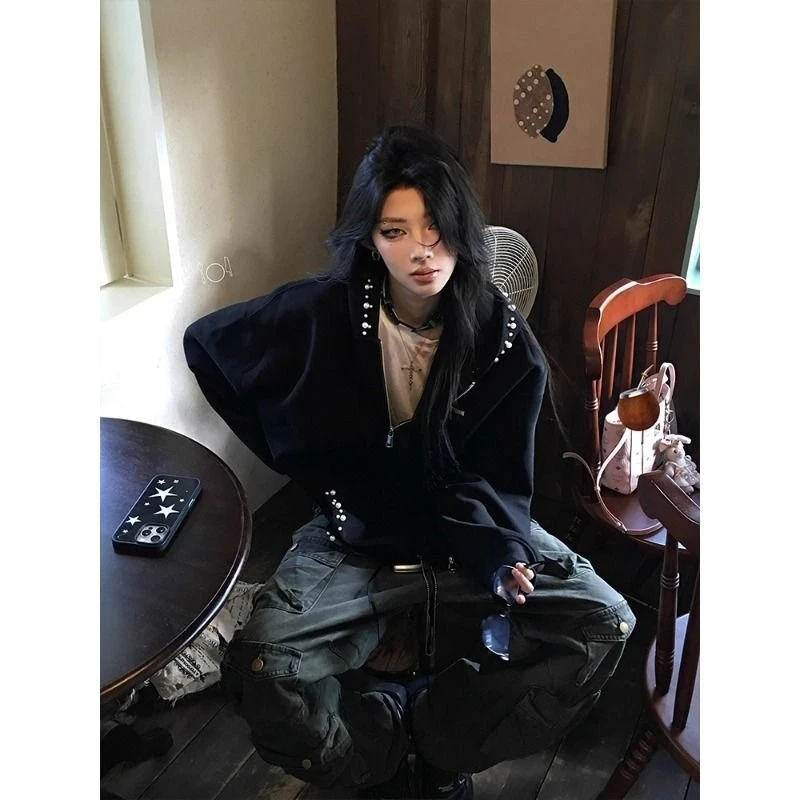 

Y2k американская винтажная куртка с капюшоном и вышивкой, женское повседневное пальто с длинными рукавами и бисером, однотонная уличная одежда на молнии, осень 2023 г.