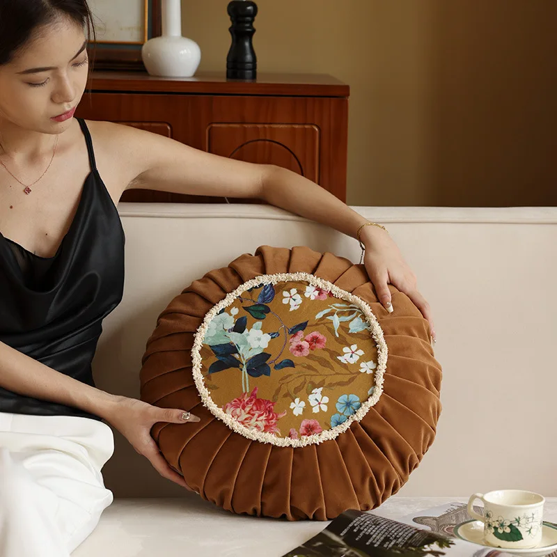Ancient Charm Flower Patterns Round Throw Pillow Chinese Style High-End Room Sofa Cushion  Trendy Retro Velvet Headboard Pillow