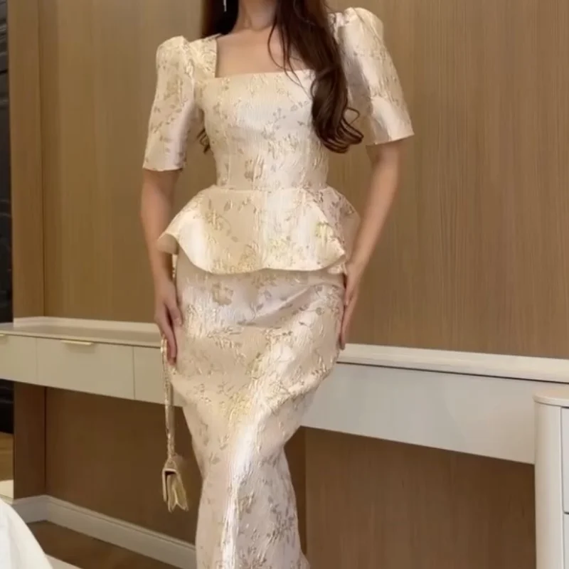 Women Floral Jacquard Evening Midi Dress Square Neck Short Puff Sleeve Peplum Waist Feather Hem Slim Formal Party Dress 2026