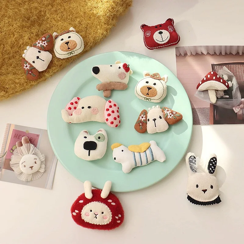 Korean Style Fabric Animal Brooch Hairpin Set Cute Bear Elephant Dog DIY Hair Clip for Women Fashion Accessories Gift
