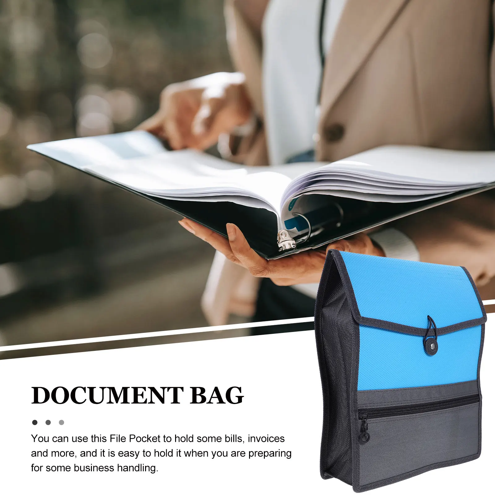 

Waterproof A4 Document Bag Large Capacity Canvas File Folder Blue Vertical Zippered Pouch Portable Files Bag for Office Use