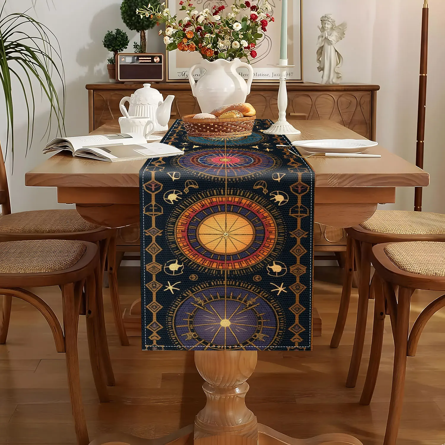 1 Piece of Mysterious Astrolabe-Themed Table Runner, with a Dark Blue Background Adorned with Colorful Circular Star Charts and Gold Patterns, Suitable for Astrology Studios, Fantasy-Themed Restaurants, Art Exhibitions, Board Game Gatherings, Folk Cultural Events, Creative Home Decor, Unique Gifts, and Meditation Space Settings