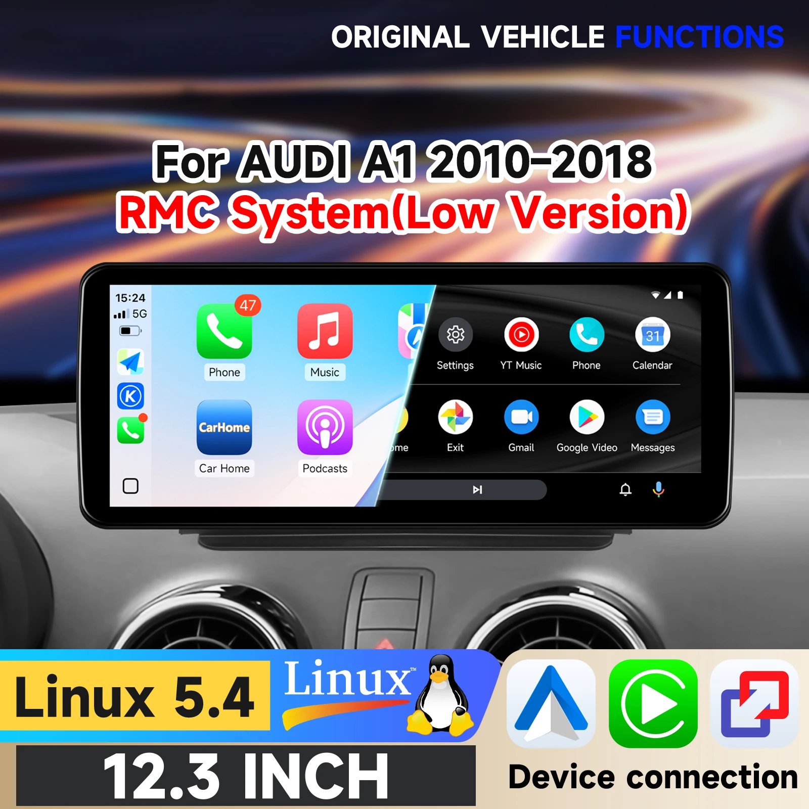 Écran Linux Hizpo 12,3" pour AUDI A1 2010 - 2018 avec CarPlay sans fil, Android Auto, Airplay, autoradio, lecteur stéréo, navigation GPS, audio, lecteur CD d'origine, commande par bouton IDrive, SWC T113-i, double cœur, SWC, caméra radar, unité centrale, systèmes intelligents pour voiture.