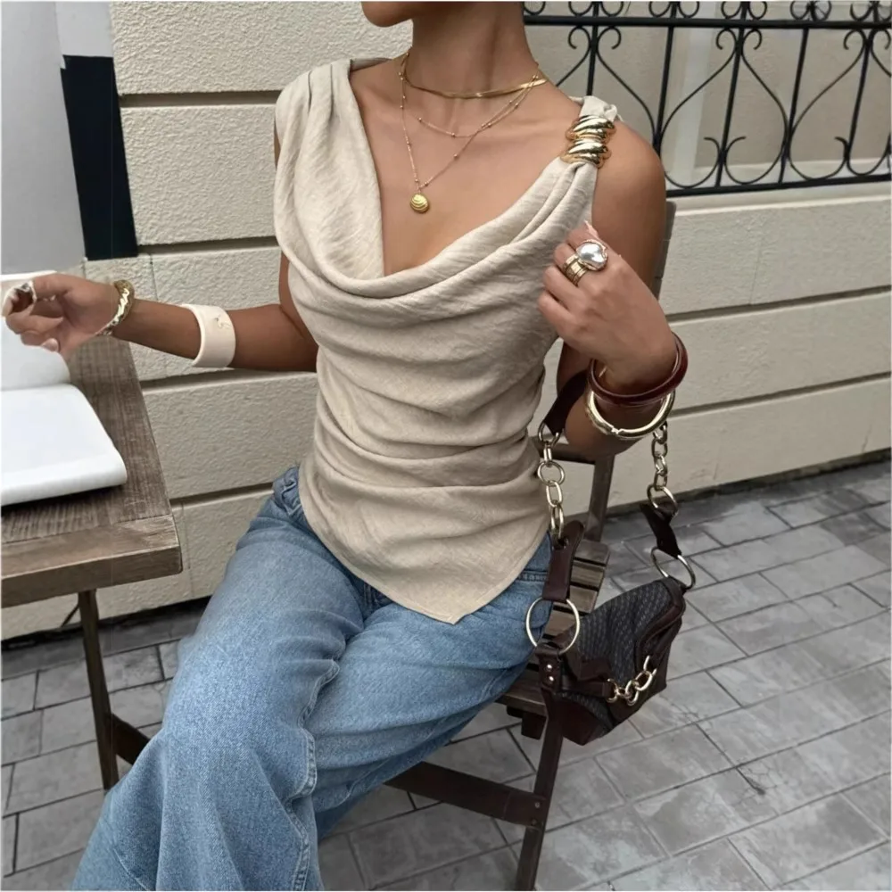 Pile Collar Vest Metal Decorative Suspender Women's Summer New Sexy Sleeveless Solid Color Suspender Irregular Top Ropa Mujer