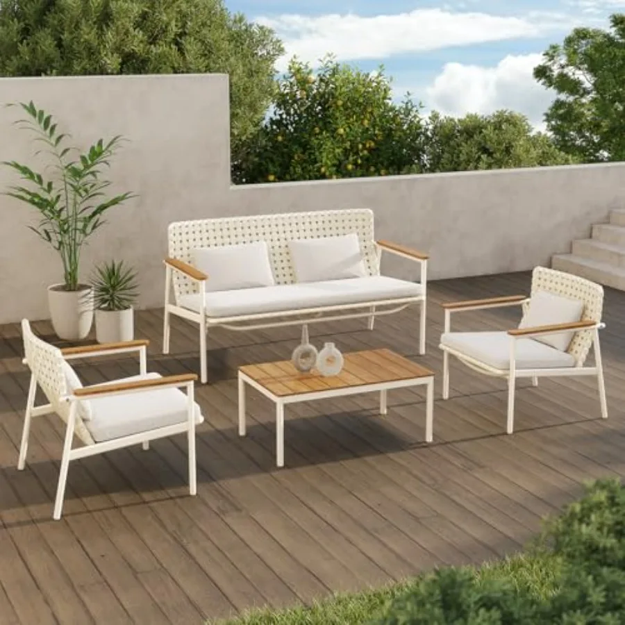 4-Piece Patio Conversation Set, Outdoor Wicker Sofa Set with Waterproof Cushions All-Weather Wicker Furniture Sectional Sofa fo