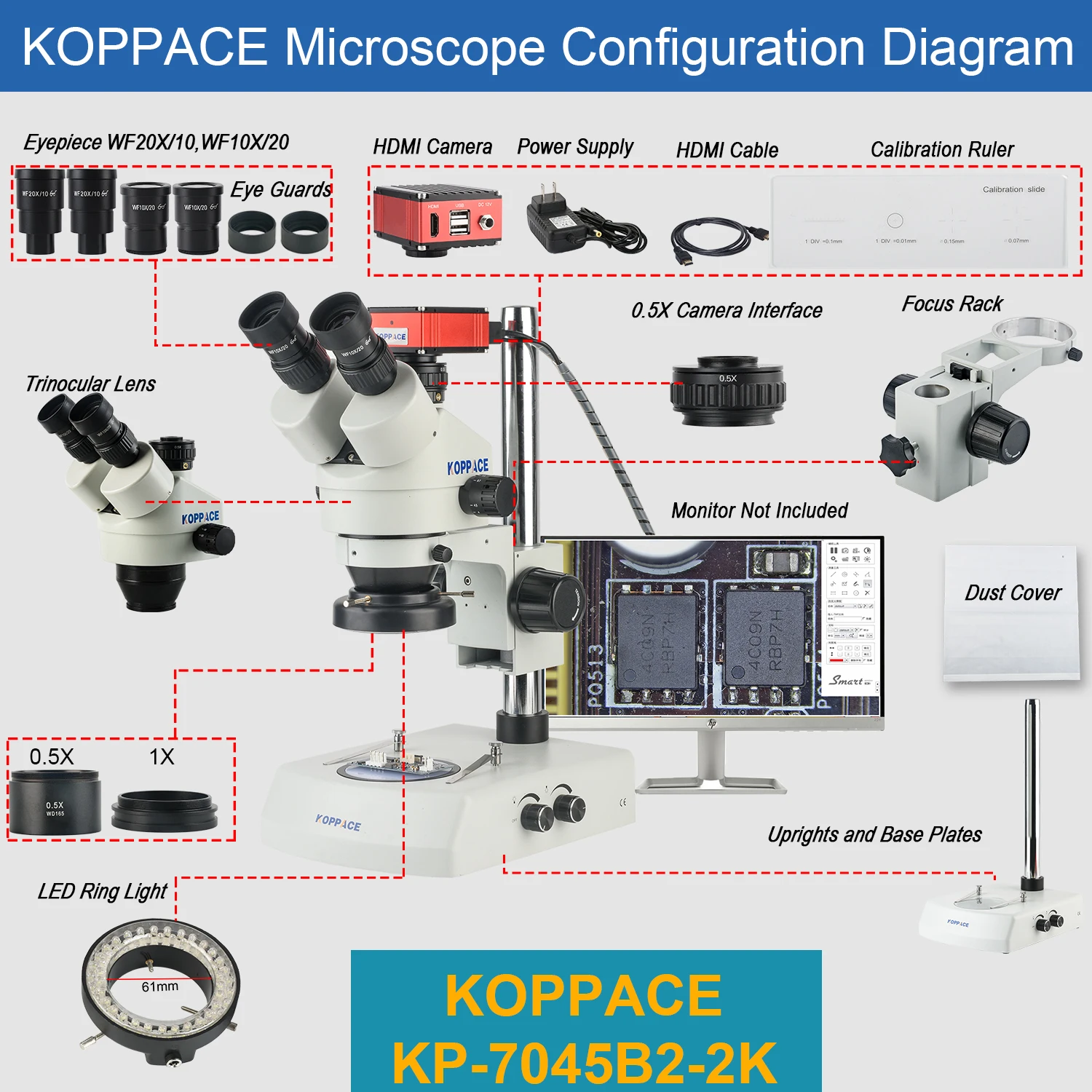 KOPPACE 24X-153X Trinocular Stereo Measuring Electron Microscope with Up and Down LED Light Source