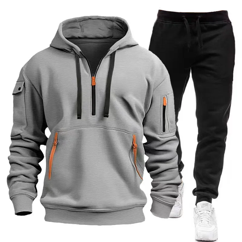 2024 Spring and autumn men\'s new multi-pocket zipper hoodie + casual sports pants two-piece jogging winter sports suit