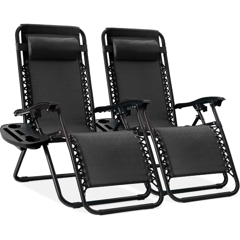 

Set of 2 Adjustable Steel Mesh Zero Gravity Lounge Chair Recliners w/Pillows and Cup Holder Trays, Black