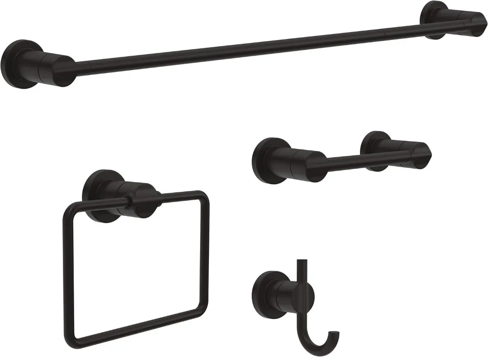 

4-Piece Matte Black Bathroom Set: Towel Rack, Toilet Paper Holder, Hand Towel Holder, Hook - Durable Hardware Accessory